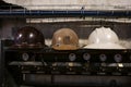 Historical mine helmets in the Cogne mine Royalty Free Stock Photo