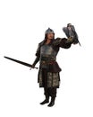 Historical Mongolian conqueror Genghis Khan standing in armour with sword in right hand a Falcon bird on his left arm. Isolated 3D