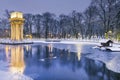 Historical Monument Illuminated at Twilight in Park Strzelecki,Tarnow,Poland. Winter in the City