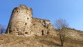 Historical monument. View of the stone walls and towers of the ancient fortress of Koporye. Russia.