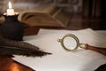 Historical motif, magnifier and books