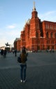 Historical museum and vintage street lamp in Moscow at evening.