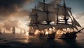 Historical painting of Sea battle in late 18th early 19th century, Ships ablaze, created with Generative AI technology