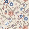 Historical pattern with flowers and hummingbirds in earth tones. Indian floral style pattern.
