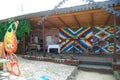 Historical peasant dwelling yard with various home articles. Museum