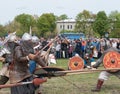 St. Petersburg, Russia - May 27, 2017: Historical reconstruction of sword fighting. Demonstrative fight with swords in St. Petersb