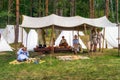 Historical reenactment of Slavic or Vikings tribe tent camp, exhibiting peasants life