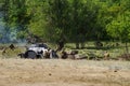 Historical reenactors in the uniforms of the Red Army and the Wehrmacht during the Second World War are fighting