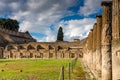 Historical ruined building with the Vesuvius mount, Pompeii Royalty Free Stock Photo