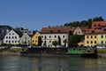 Historical Ship on the River Danube in the Town Regensburg, Bavaria Royalty Free Stock Photo