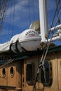 Liferaft in a container at the deckhouse of the sailboat NADEZHDA