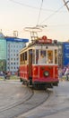 Historical sightseeing tram at Taksim Square on the streets of Istanbul. Turkey.