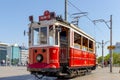 Historical sightseeing tram at Taksim Square on the streets of Istanbul. Turkey.