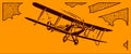 Historical single-engine biplane aircraft flying in front of a cloudy sky on an orange background