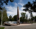 Historical stele City of labor valor in the center of Omsk in summer