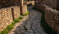 Historical Stone Walls And Winding Cobblestone Pathway At Sunset Royalty Free Stock Photo