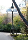 Historical street light in traditional Paris park with Haussmann buildings Royalty Free Stock Photo