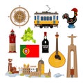 Historical symbols of Portugal Lissabon. Vector icon set in flat style Royalty Free Stock Photo