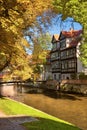 Historical timber houses by Gera river in Erfurt, main city of Thuringia