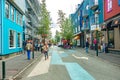 Historical and touristic downtown in Reykjavik at Summer in Iceland, cityscape of main shopping and dining street Royalty Free Stock Photo