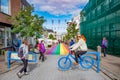 Historical and touristic downtown in Reykjavik at Summer in Iceland, cityscape of rainbow main shopping and dining street Royalty Free Stock Photo