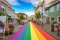 Historical and touristic downtown in Reykjavik at Summer in Iceland, cityscape of rainbow main shopping and dining street Royalty Free Stock Photo