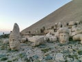 Historical touristic nemrut Mountain statues of ancient gods persian eagle god, med empire lion god, zeus, Herakles, apollon