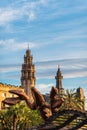 Historical towers and Gambrinus Lobster Statue in the city Barcelona, Spain Royalty Free Stock Photo