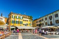 Historical town centre with street restaurants and multicolored colorful buildings