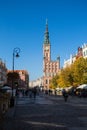 Historical town centre with typical colorful houses buildings, City Hall spire clock tower Hystorical museum, Gdansk, Poland Royalty Free Stock Photo