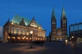 Historical townhall with cathedral at dusk in Bremen, Germany