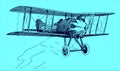 Historical two-seat sporting biplane. Illustration on a blue background after a lithography from the early 20th century. Editable