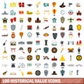 100 historical value icons set, flat style