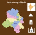 Historical view of Delhi. Vector illustration of Delhi map with district name and historical view