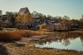 Historical village from the medieval times by the river or lake, reflection in the water. The Porvoo old town and the famous Royalty Free Stock Photo