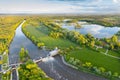 Historical water power plant building with the weir on the Labe River lock in Podebrady, Czech Republic. Aerial view on Old lock c Royalty Free Stock Photo