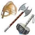 Historical weapons, axe, hammer and helmet