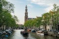 The historical Westertoren church with canal view