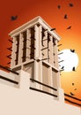 Historical Wind Tower and Birds Vector Illustration Dubai, Unite Royalty Free Stock Photo