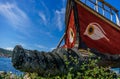 Historical wooden shipwreck reconstruction detail with bamboo on land, Urla, Izmir, Turkey. Ancient Greek culture, Kybele ship. Royalty Free Stock Photo