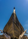 Historical wooden shipwreck reconstruction on land, Urla, Izmir, Turkey. Ancient Greek culture, Kyklades ship