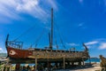 Historical wooden shipwreck reconstruction on land, Urla, Izmir, Turkey. Ancient Greek culture, Kyklades ship