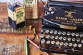 Historical writing utensils on a wooden table