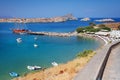 Historical yacht in Lindos bay on Rodos island Royalty Free Stock Photo