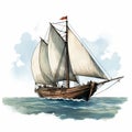 Historically Accurate Watercolor Illustration Of A 17th Century Schooner