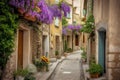 Historically old town with flowering plants and colorful flowers. Generative ai