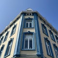 Historiic building with blue window frames and other blue details in Valkenburg.