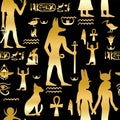 Egypt seamless pattern, vector ancient mythology ornament texture, gold goddess silhouette, hieroglyph.