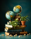 History antique globes with books. Educational geography concept. Generative AI Royalty Free Stock Photo