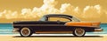 Classic car vehicle on the road, ocean, hyper realistic drawing